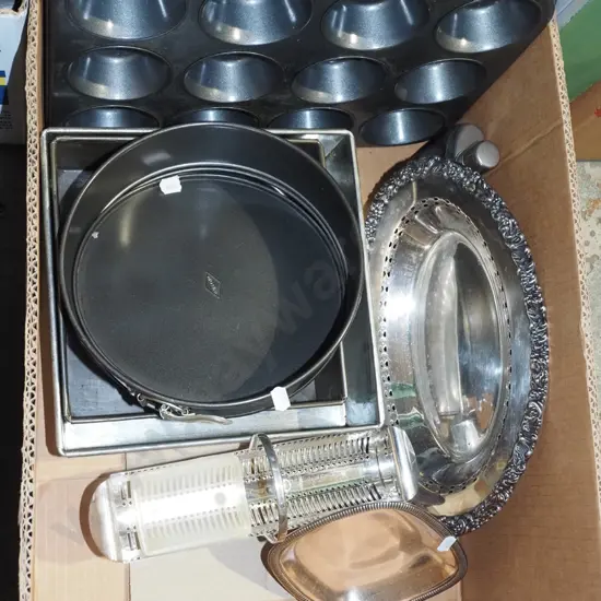 box; cake tin, muffin trays, plated ware etc