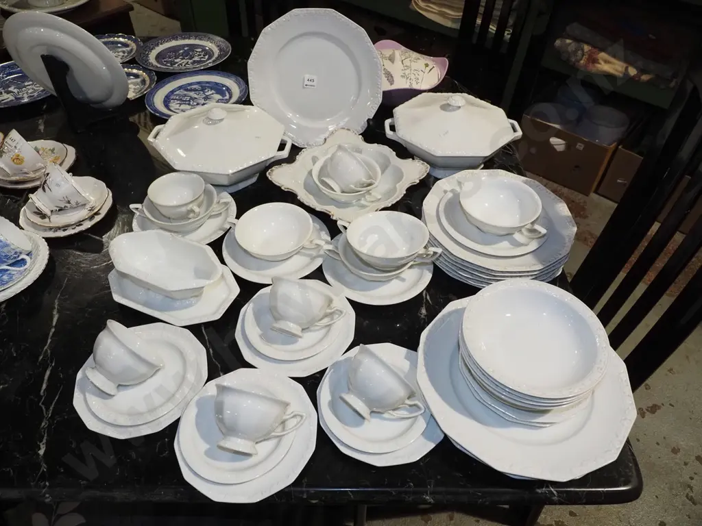 assorted German Rosenthal Maria white pottery dinner items; lidded veges, plates, trios, soup bowls  etc Image 1++