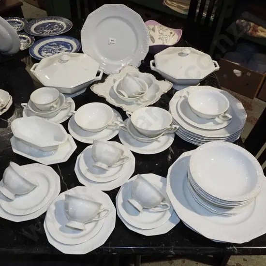 assorted German Rosenthal Maria white pottery dinner items; lidded veges, plates, trios, soup bowls  etc