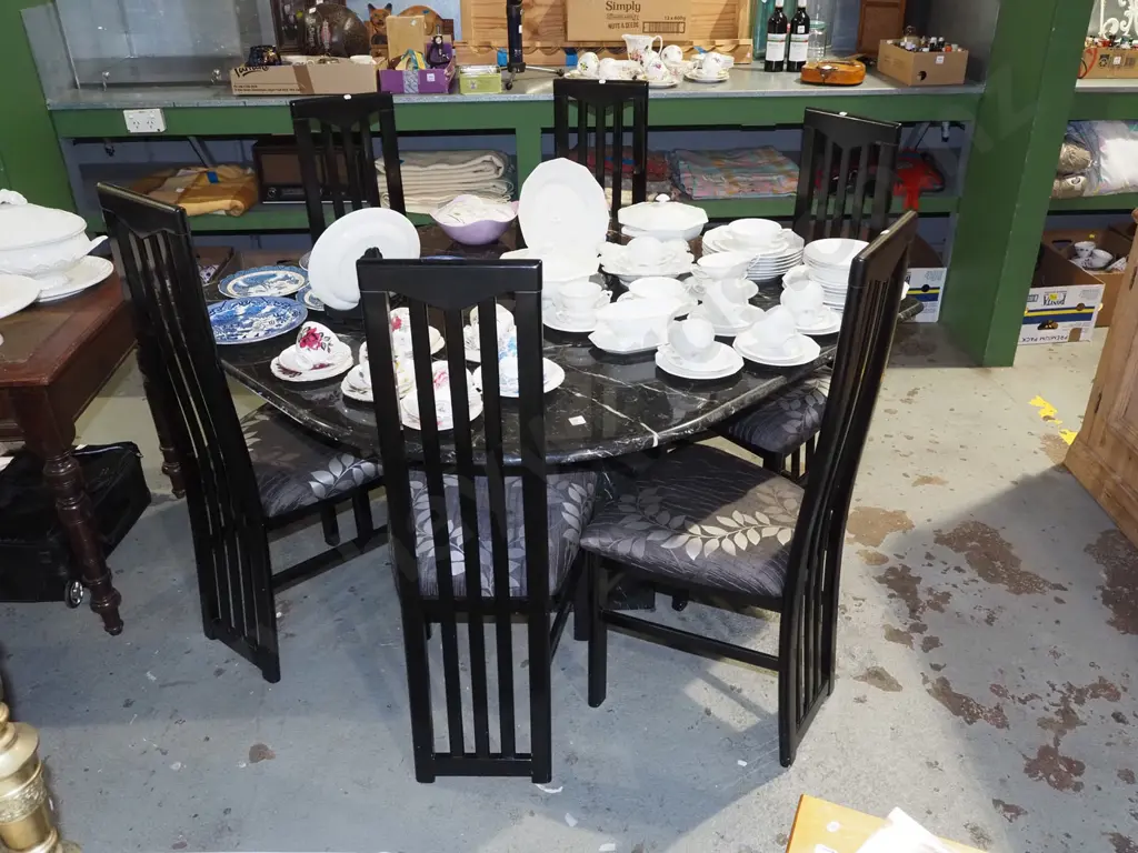 post modern 1980s marble top leaf shaped dining table with 6 matching high back upholstered chairs  Image 1++