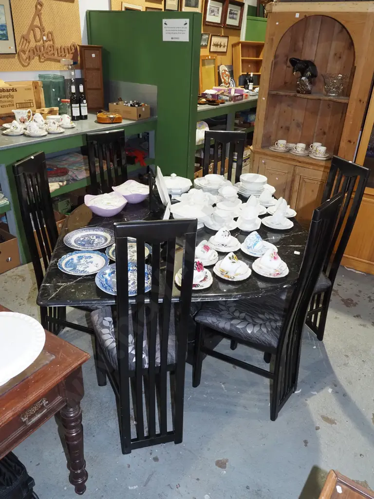 post modern 1980s marble top leaf shaped dining table with 6 matching high back upholstered chairs  Image 1++