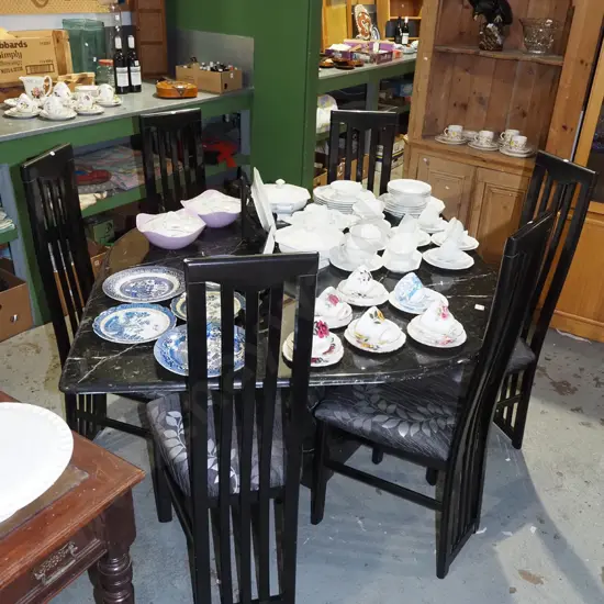 post modern 1980s marble top leaf shaped dining table with 6 matching high back upholstered chairs 