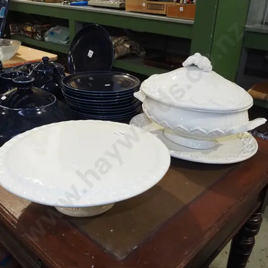 cake stand, large soup tureen with foliate design relief