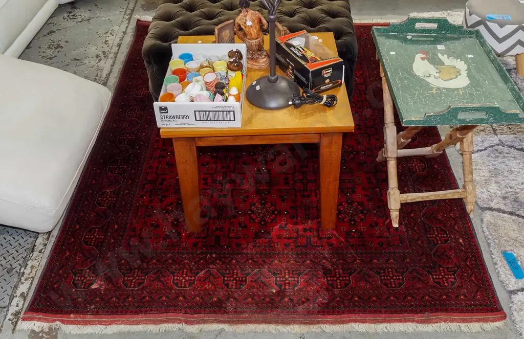 tufted woollen floor mat - red, orange, blue - staining at one end L2000 W1540 Image 1++