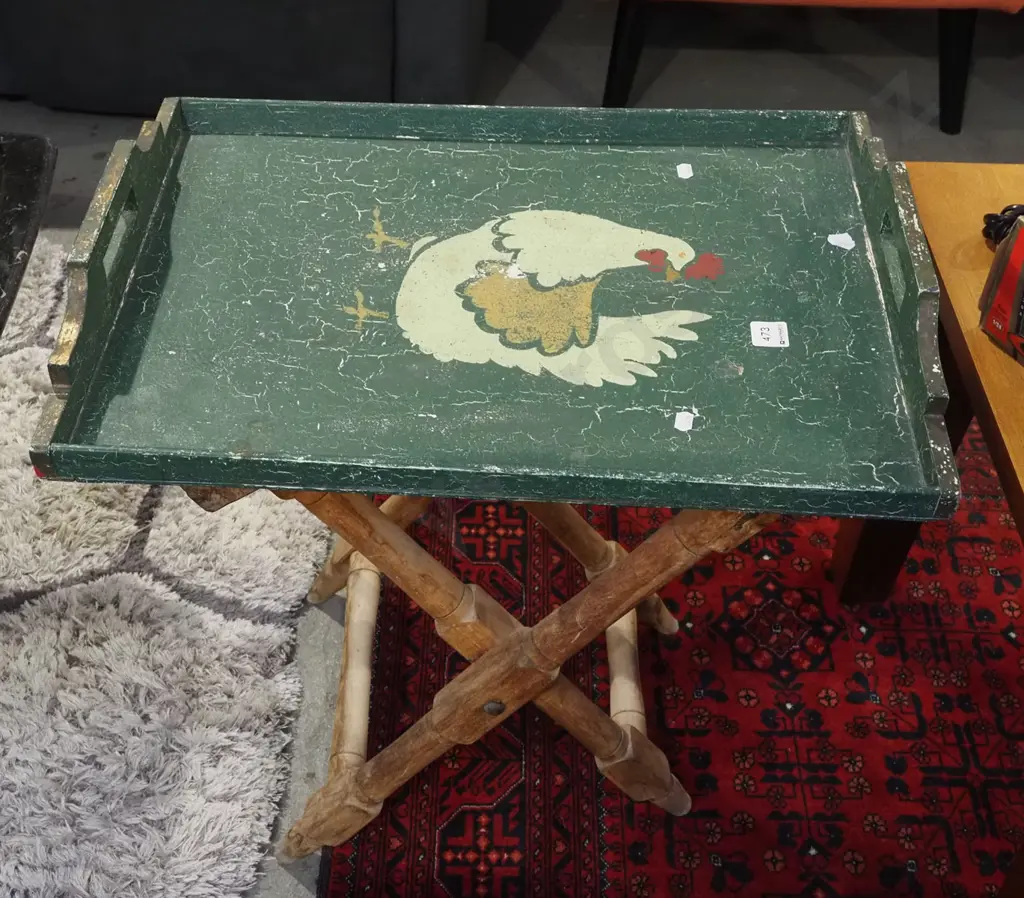 stencilled poultry themed butlers tray and stand Image 1++