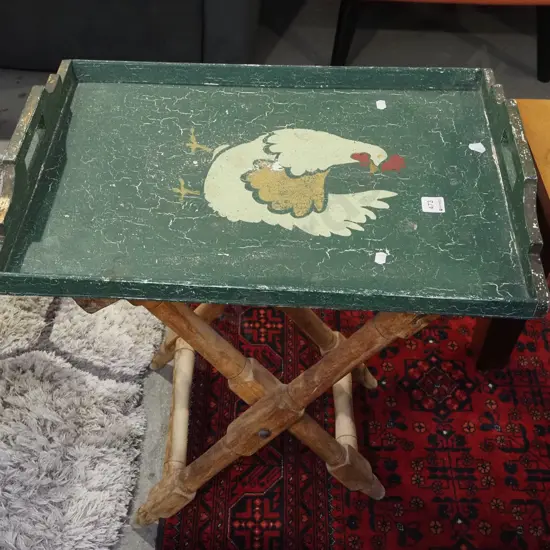 stencilled poultry themed butlers tray and stand