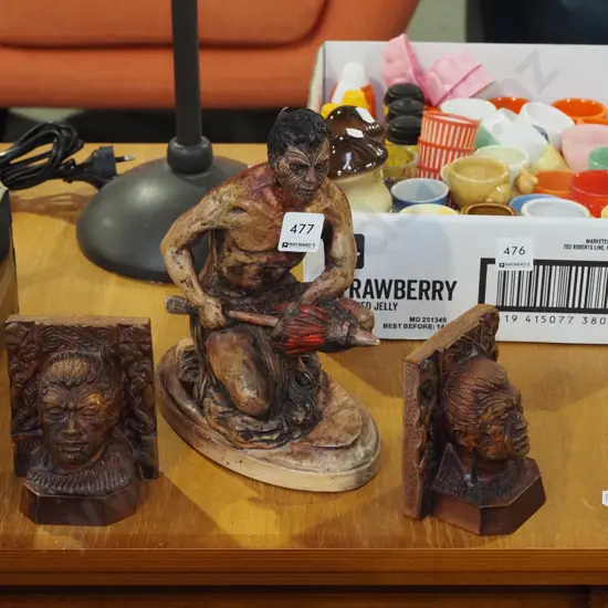 composite maori warrior themed, 2x maori themed bookends H230