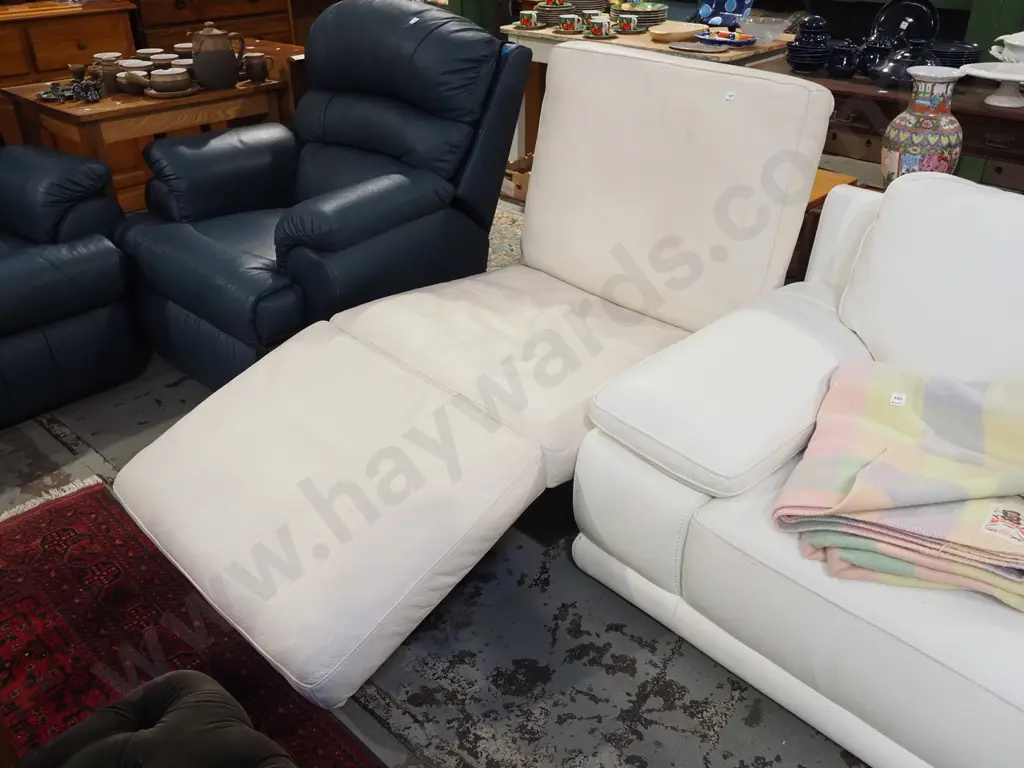 white leather upholstered adjustable chaise lounge - can lie flat as a single bed Image 1++