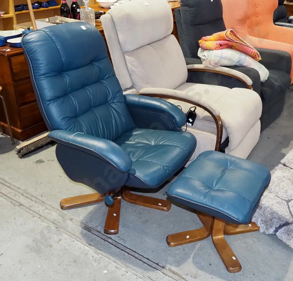 blue vinyl reclining swivel lounge chair with matching footstool - fading and tears to vinyl Image 1++
