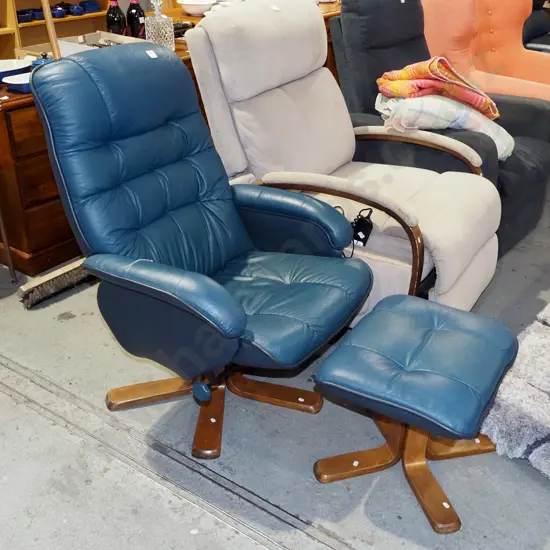blue vinyl reclining swivel lounge chair with matching footstool - fading and tears to vinyl