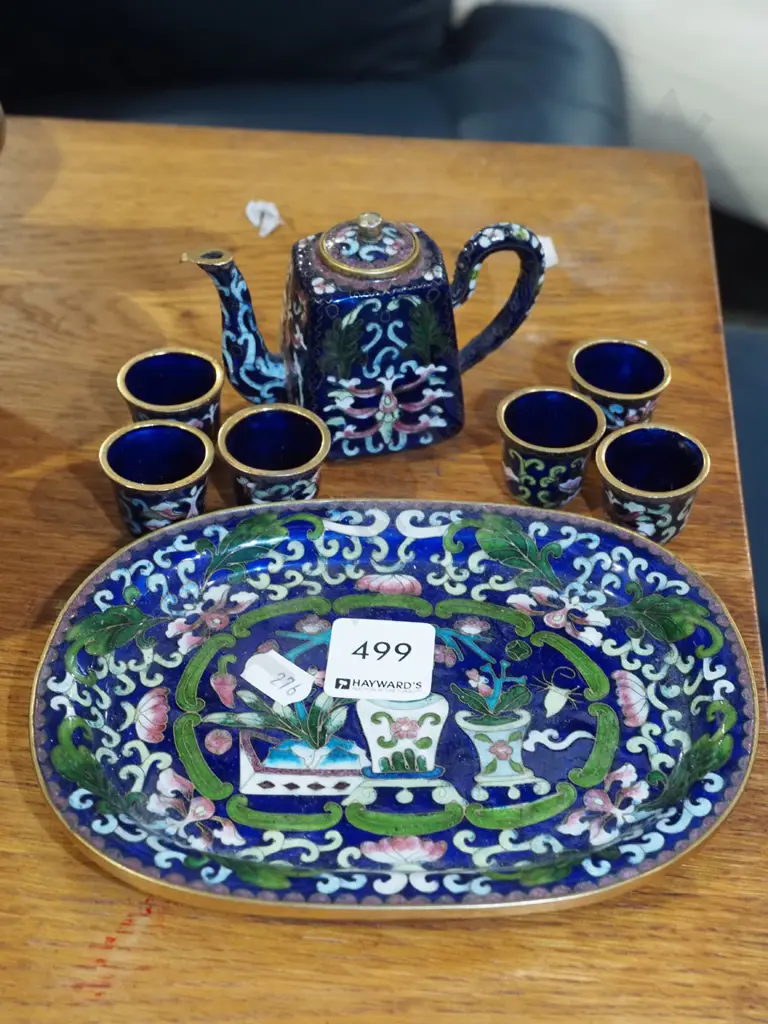 miniature cloisonne teapot, tray, cups Image 1++