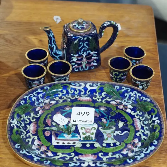 miniature cloisonne teapot, tray, cups