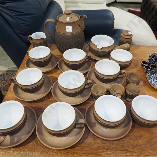 Denby cups, saucers, egg cups, coffee pot etc