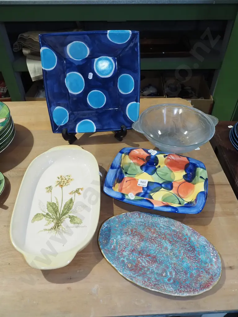 studio pottery bowls, Teal botanical baking dish etc Image 1++