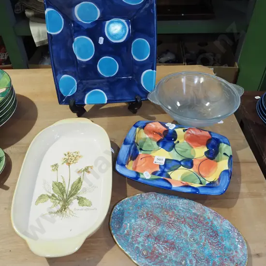 studio pottery bowls, Teal botanical baking dish etc