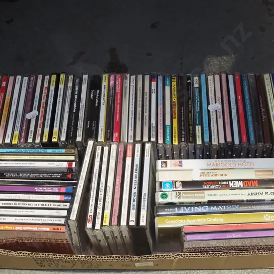 box; DVDs, CDs