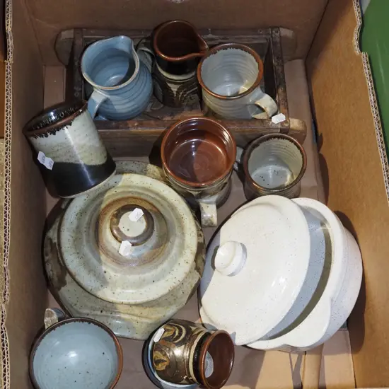 box; pottery casserole, cups, wooden trough vase etc