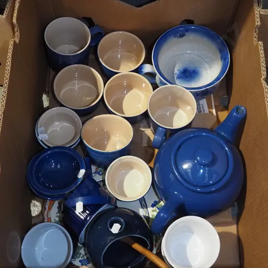 box; Le Creuset rammekins, blue ceramic teapot, salt pig etc