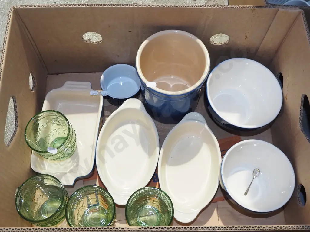 box; green glass goblets, Denby baking dishes, Chasseur utensil pot etc Image 1++