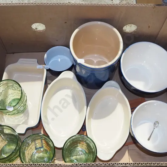 box; green glass goblets, Denby baking dishes, Chasseur utensil pot etc
