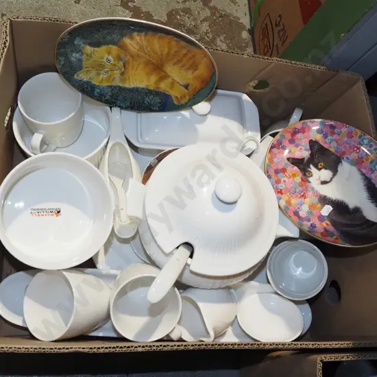 box; Maxwell Williams baking dishes, cups, cat themed plates etc