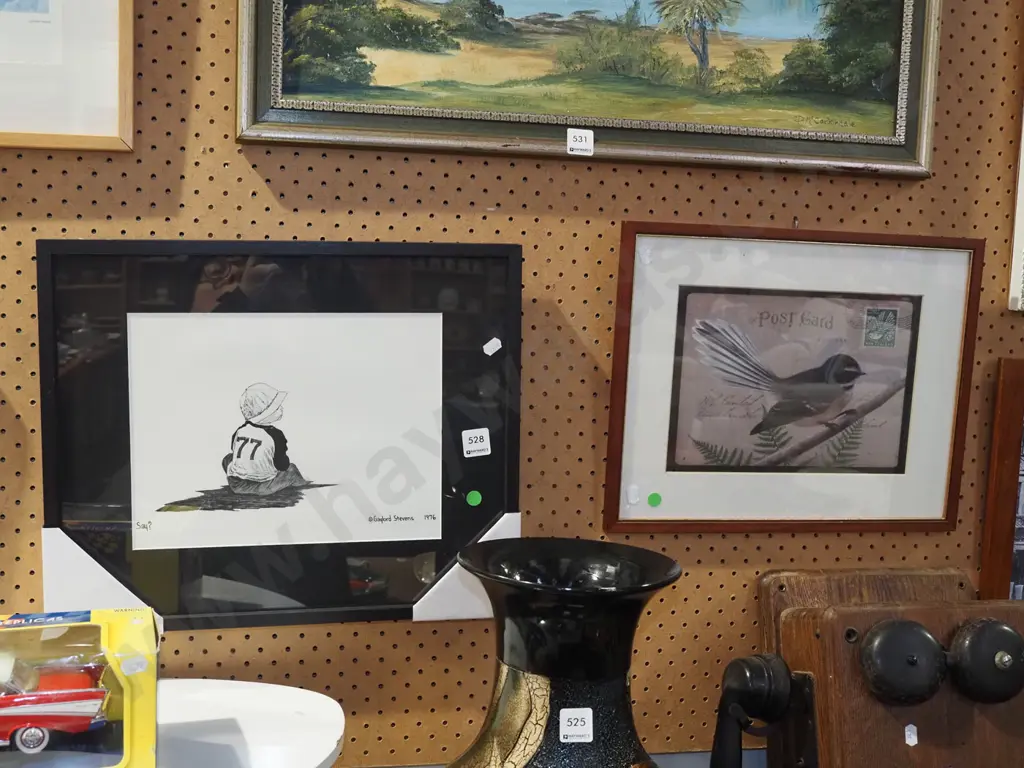 framed ink and waterolour - seated boy, framed print - fantail - green dots Image 1++