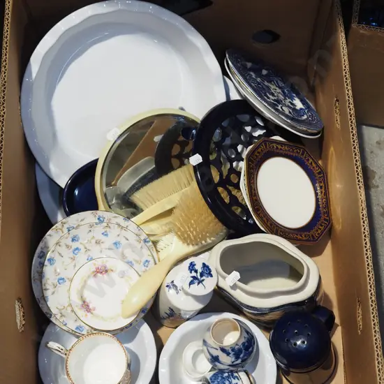 box; Emile Henry baking dishes, baking dishes, willow plates etc