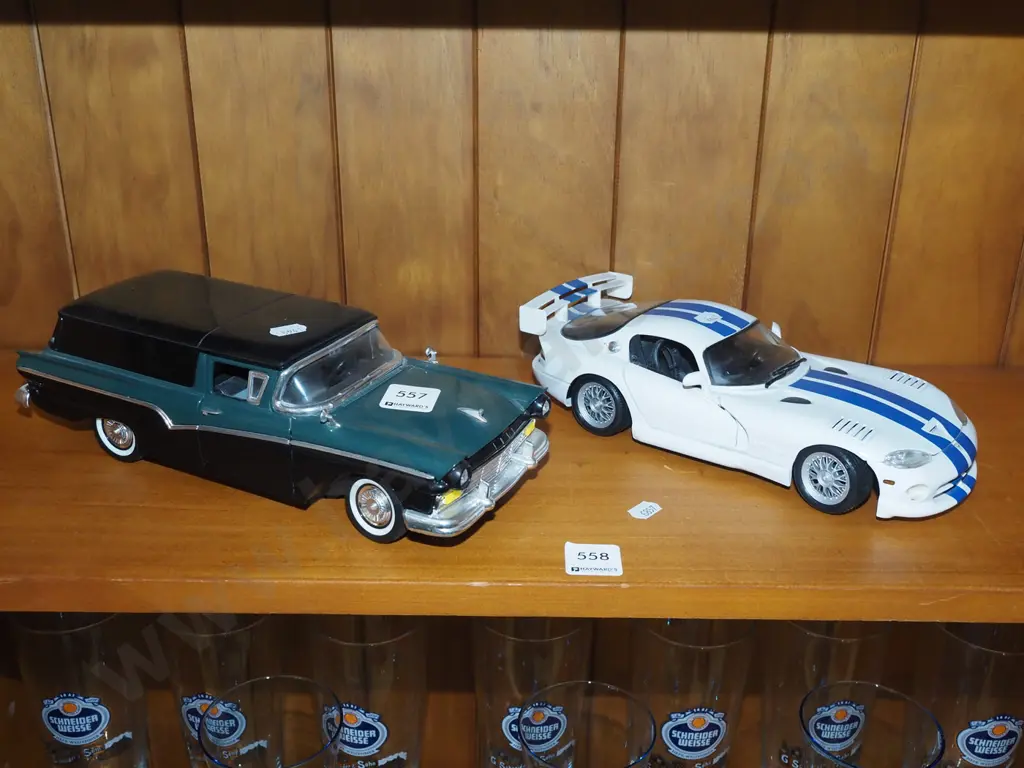 2x diecast model vehicles; 1957 Ford Ranchero, Dodge Viper Image 1++