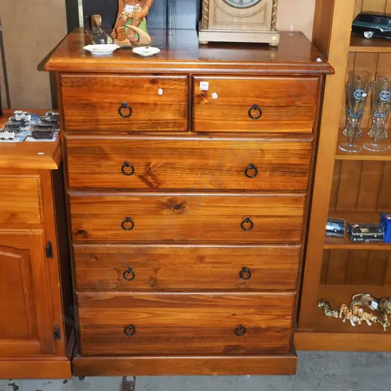 solid pine 6 drawer tallboy with drop metal handles H1240 W850 D440