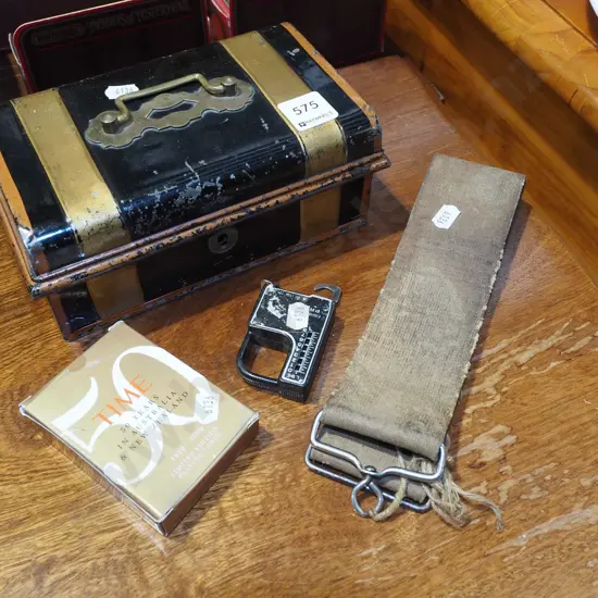 razor strop, vintage cash box, playing cards etc