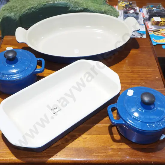 Le Creuset cast iron and enamel dish, 1 other cast iron baking dish, 2x Chasseur lidded rammekins