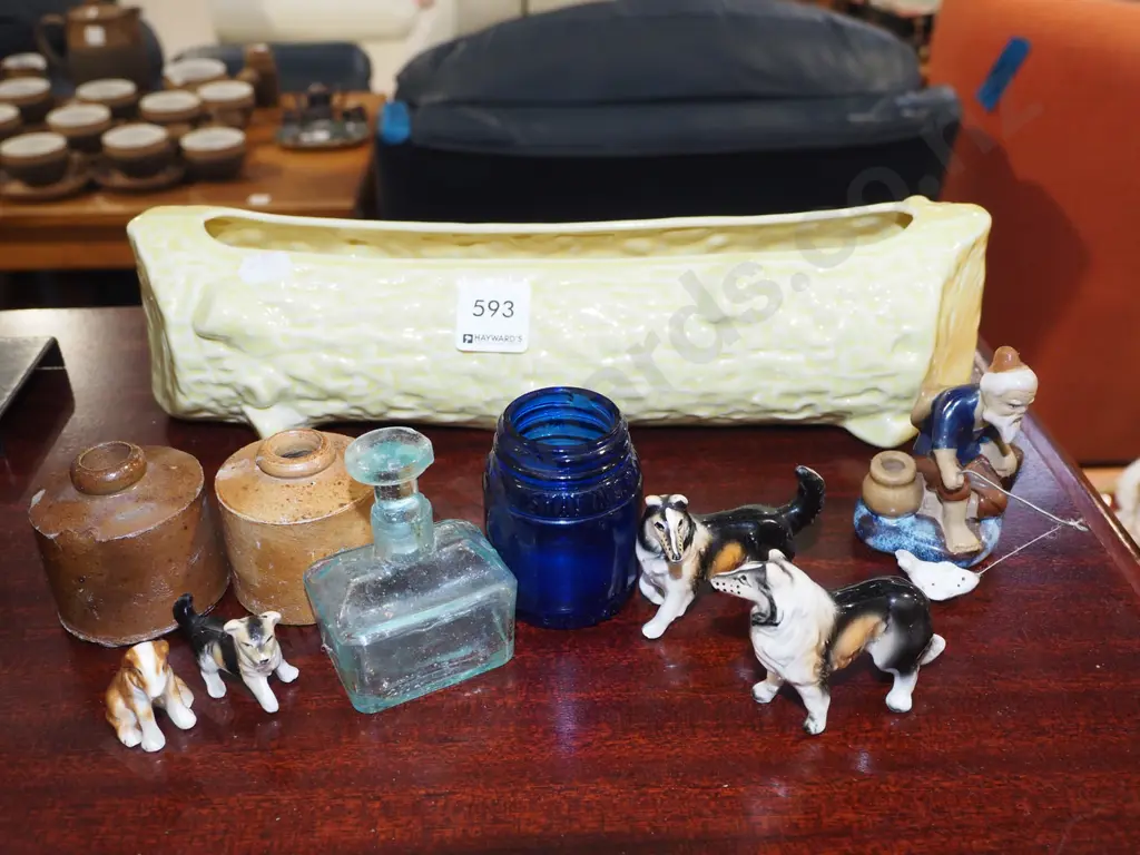 Temuka trough vase, small ink bottles, dog figurines etc Image 1++