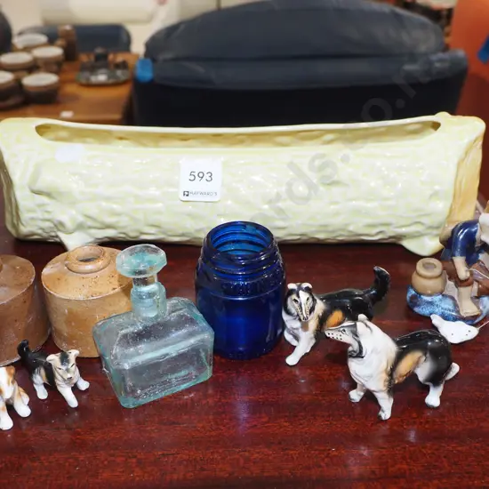 Temuka trough vase, small ink bottles, dog figurines etc