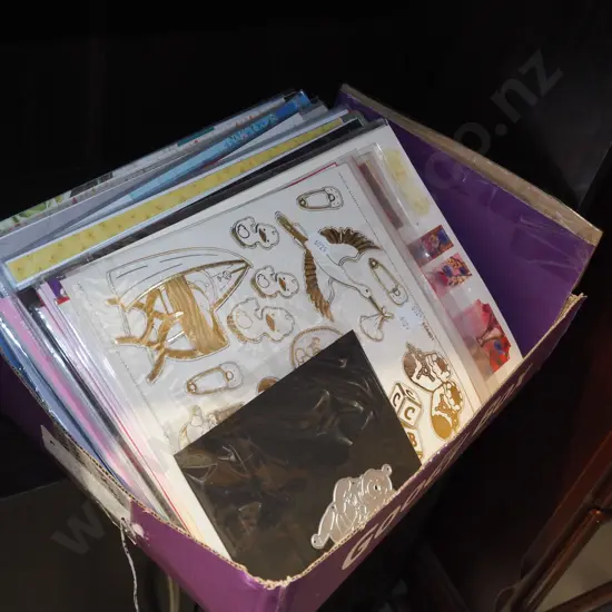 box of crafting items; stickers, cards, tags etc