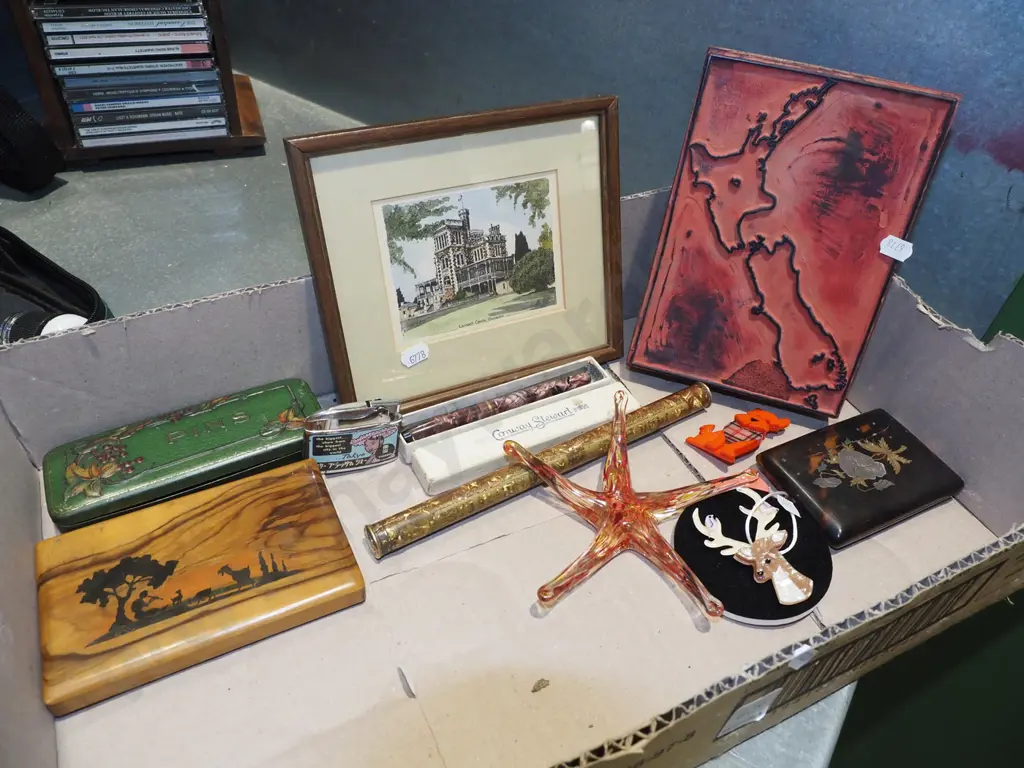 box; Larnanch Castle print, NZ map school stamp, Jersusalem cigarette case etc Image 1++