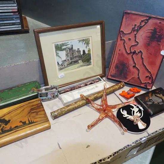 box; Larnanch Castle print, NZ map school stamp, Jersusalem cigarette case etc