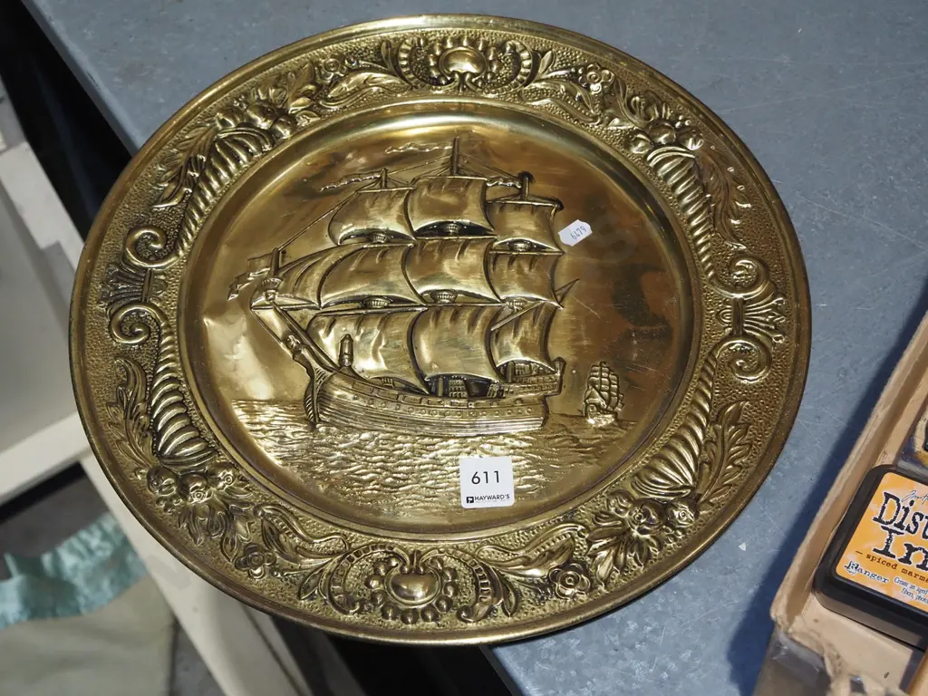 pressed brass galleon wall charger Diam365 Image 1++