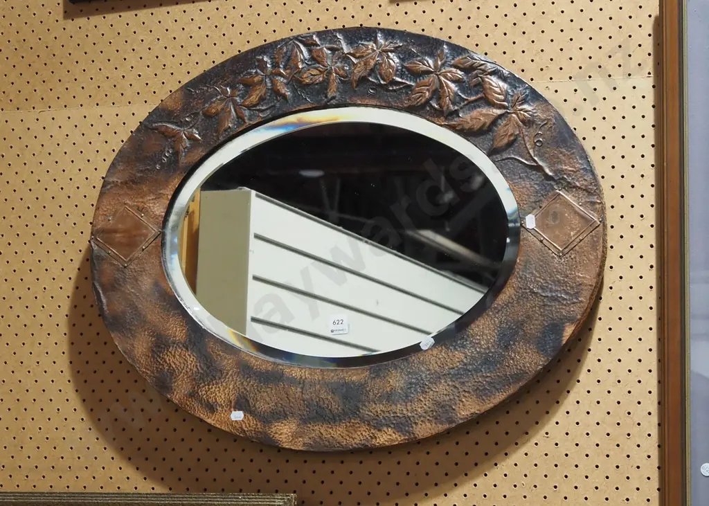 beaten copper framed bevelled edge oval wall mirror H700 Image 1++
