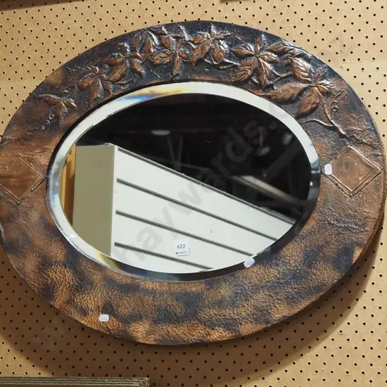 beaten copper framed bevelled edge oval wall mirror H700