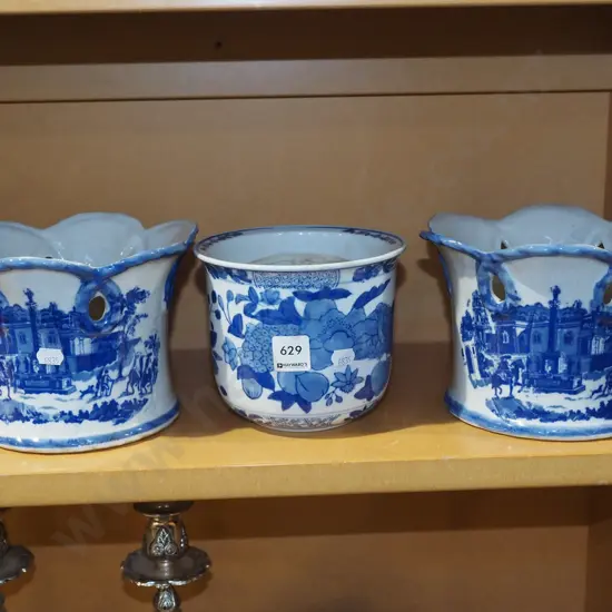 3x blue and white jardinieres