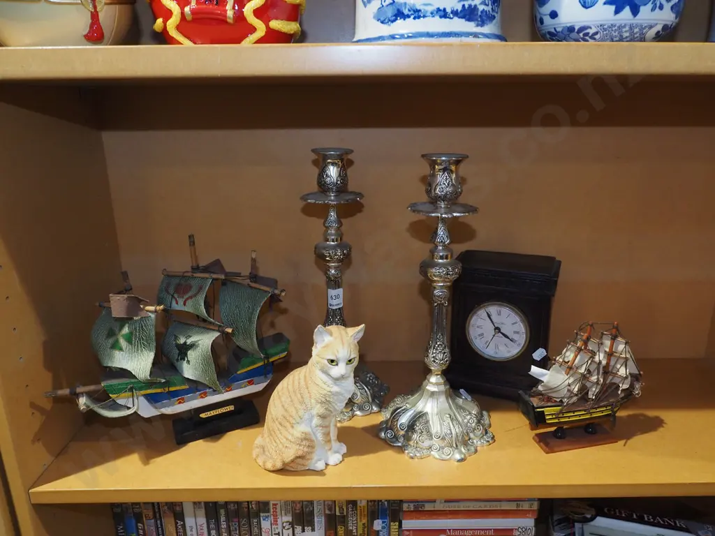 shelf; model ships, mantle clock, candlestick etc  Image 1++