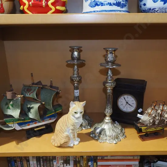 shelf; model ships, mantle clock, candlestick etc 