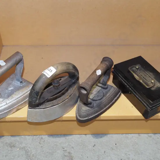 vintage cash box, 3x sad irons