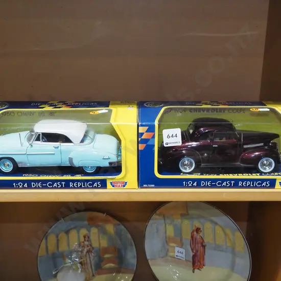 2x boxed scale model diecast replicas - 1950 Chevy Bel Air, 1939 Chevrolet Coupe