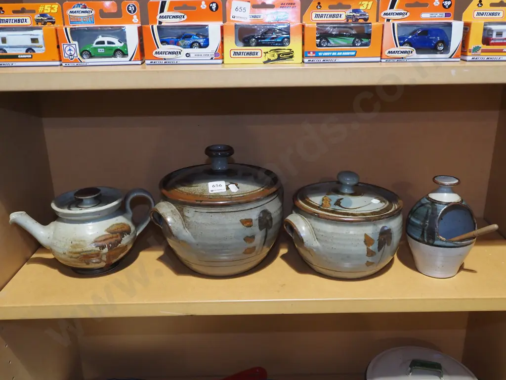 2x pottery lidded canisters, salt pig, tea pot Image 1++