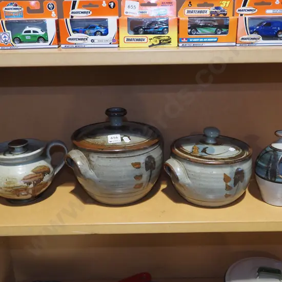 2x pottery lidded canisters, salt pig, tea pot