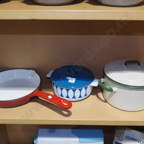cast iron and enamel frying pan, 2x pots