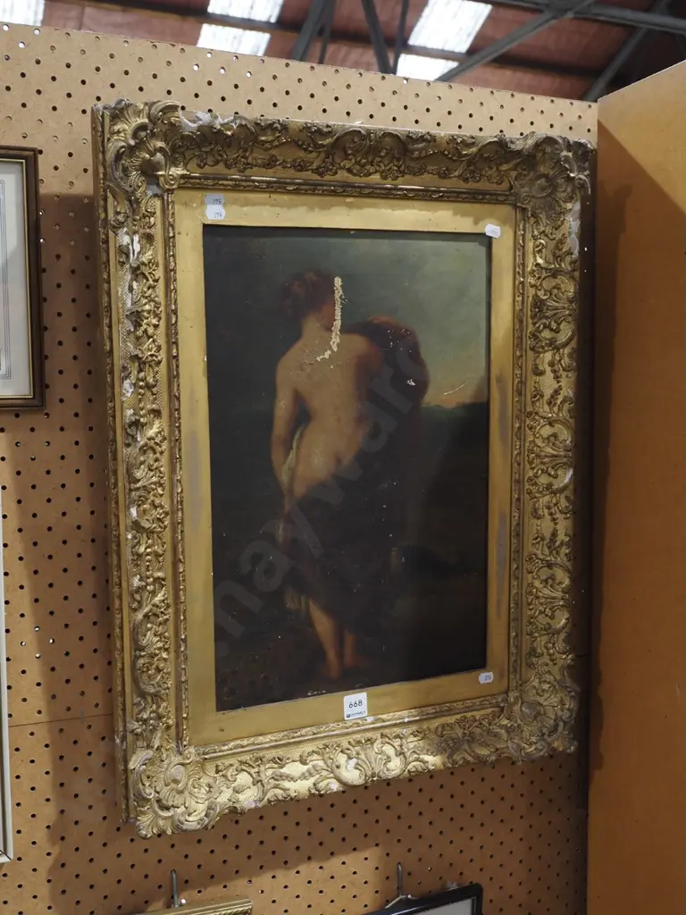 gilt framed oil on canvas - female nude- damage to frame and canvas Image 1++