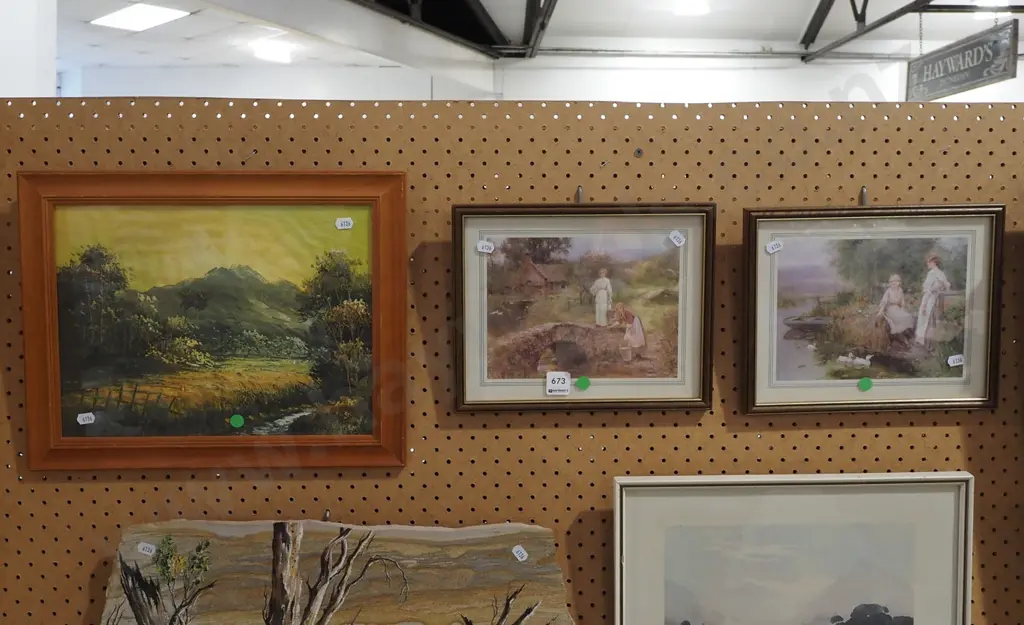 2x framed prints, framed oil - green dots Image 1++