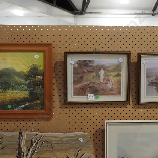 2x framed prints, framed oil - green dots